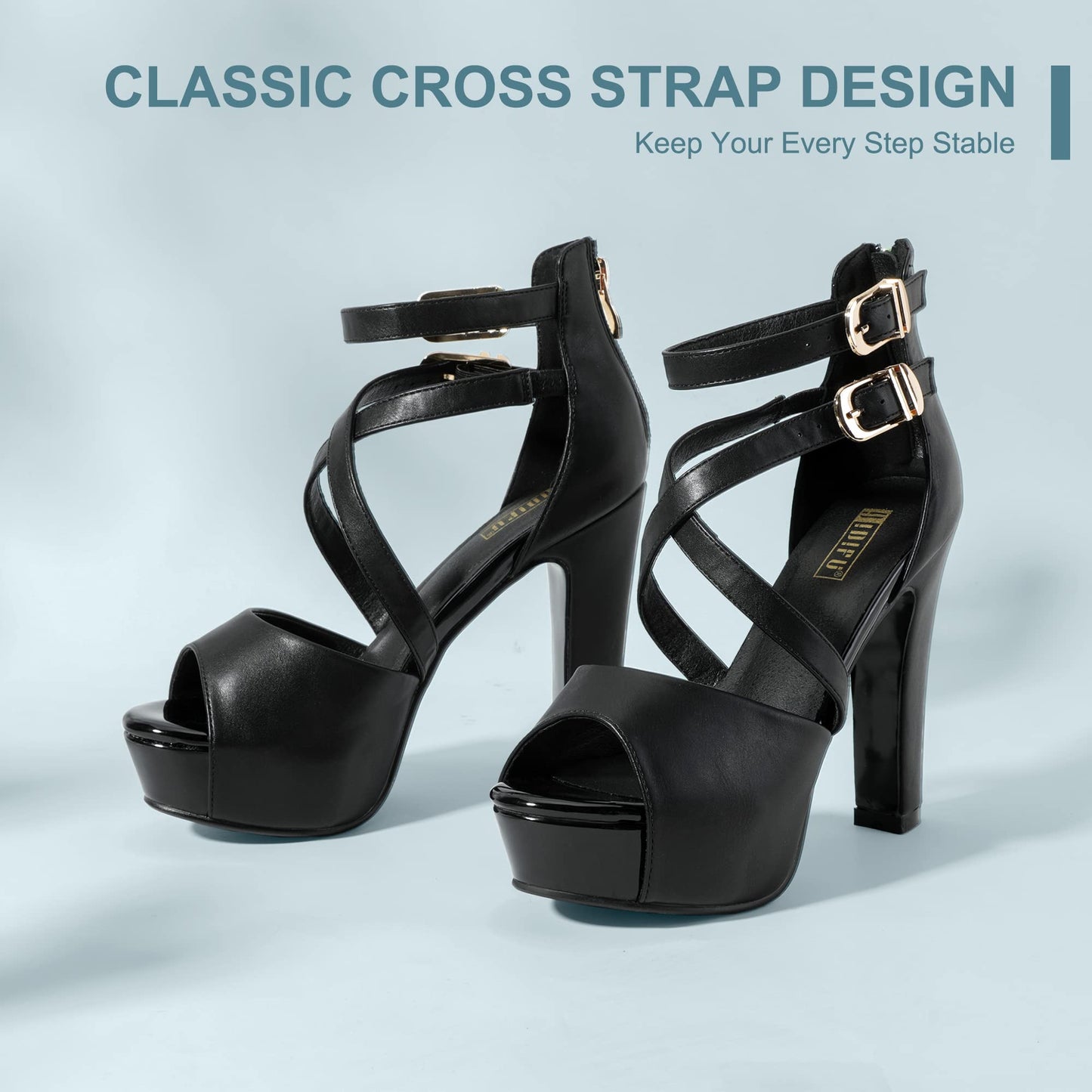 Women's IN5 Crisscross Platform Chunky Heels(Black Pu, 8.5)