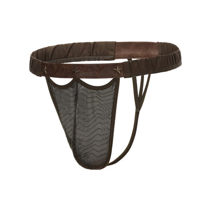 BSZN Men's Sexy Thong, Army Green Star Rivet Leather Waistband Mesh Lace Badge Pouch Ruched Side Mid Rise Sexy Lingerie from A-Night Authority Collection