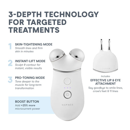 NuFACE Trinity+ Microcurrent Facial Device + Effective Lip & Eye Attachment - FDA Cleared Skin Tightening & Face Toning Device for Targeted Treatment + Microcurrent Gel Activator, Silk Crème & Brush