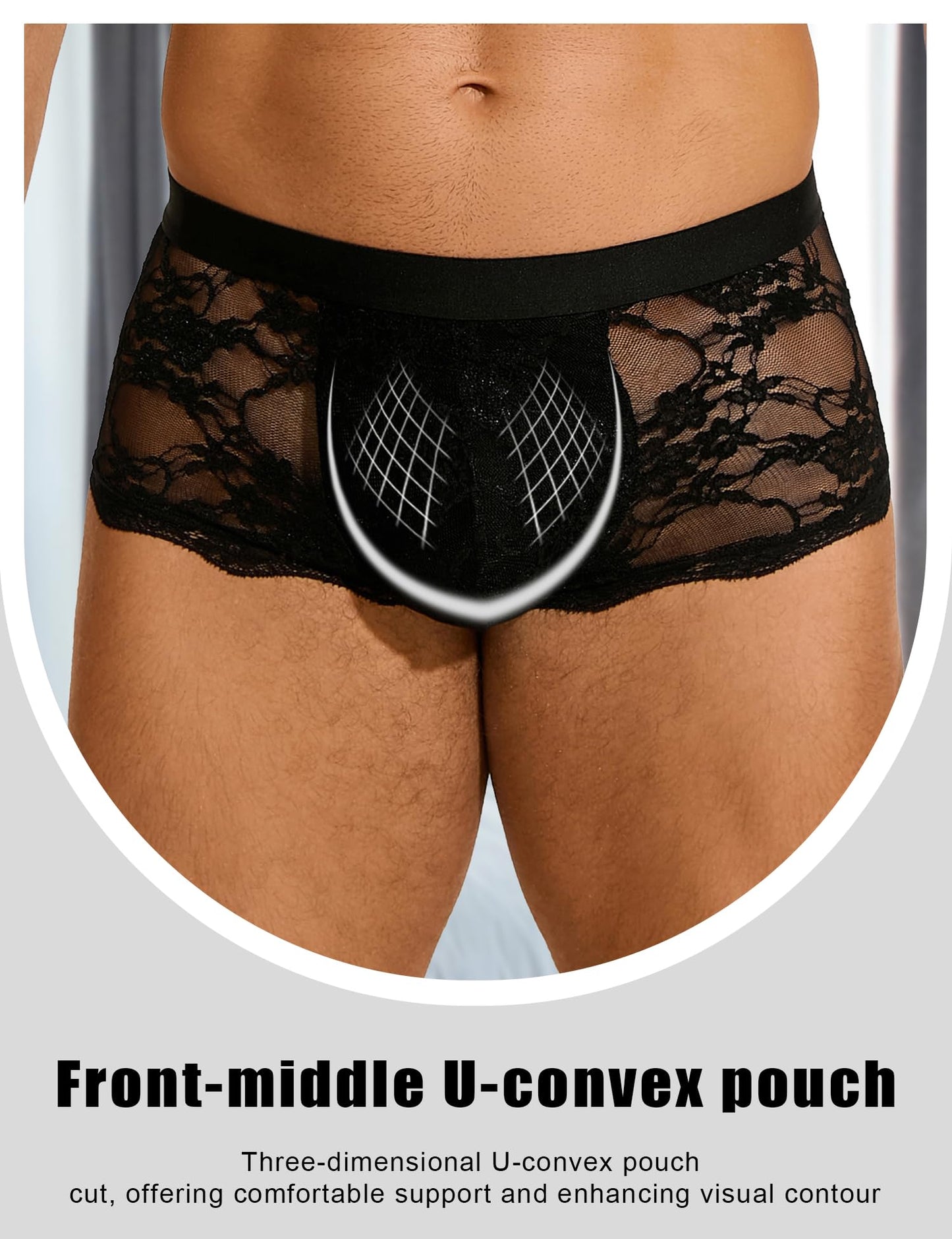 Mens Lace Underwear Low Rise Bulge Pouch Trunks Soft Boxer Briefs See Through Sexy Panties Lingerie for Men Cool Boxers Black S