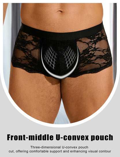 Mens Lace Underwear Low Rise Bulge Pouch Trunks Soft Boxer Briefs See Through Sexy Panties Lingerie for Men Cool Boxers Black S