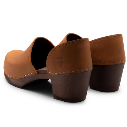 Sandgrens Handmade Swedish High Heel Wood Closed-Back Clogs for Women, US 8-8.5 | Brett Dexter Tan Nubuck DK, EU 39