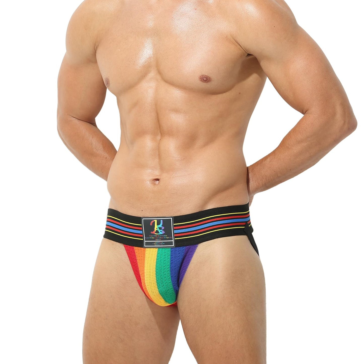 RunHero Cotton Mens Sexy Thong, Athletic Supporter Wide Band Breathable G-String Briefs Underwear for Sports or Bikini, Rainbow, L