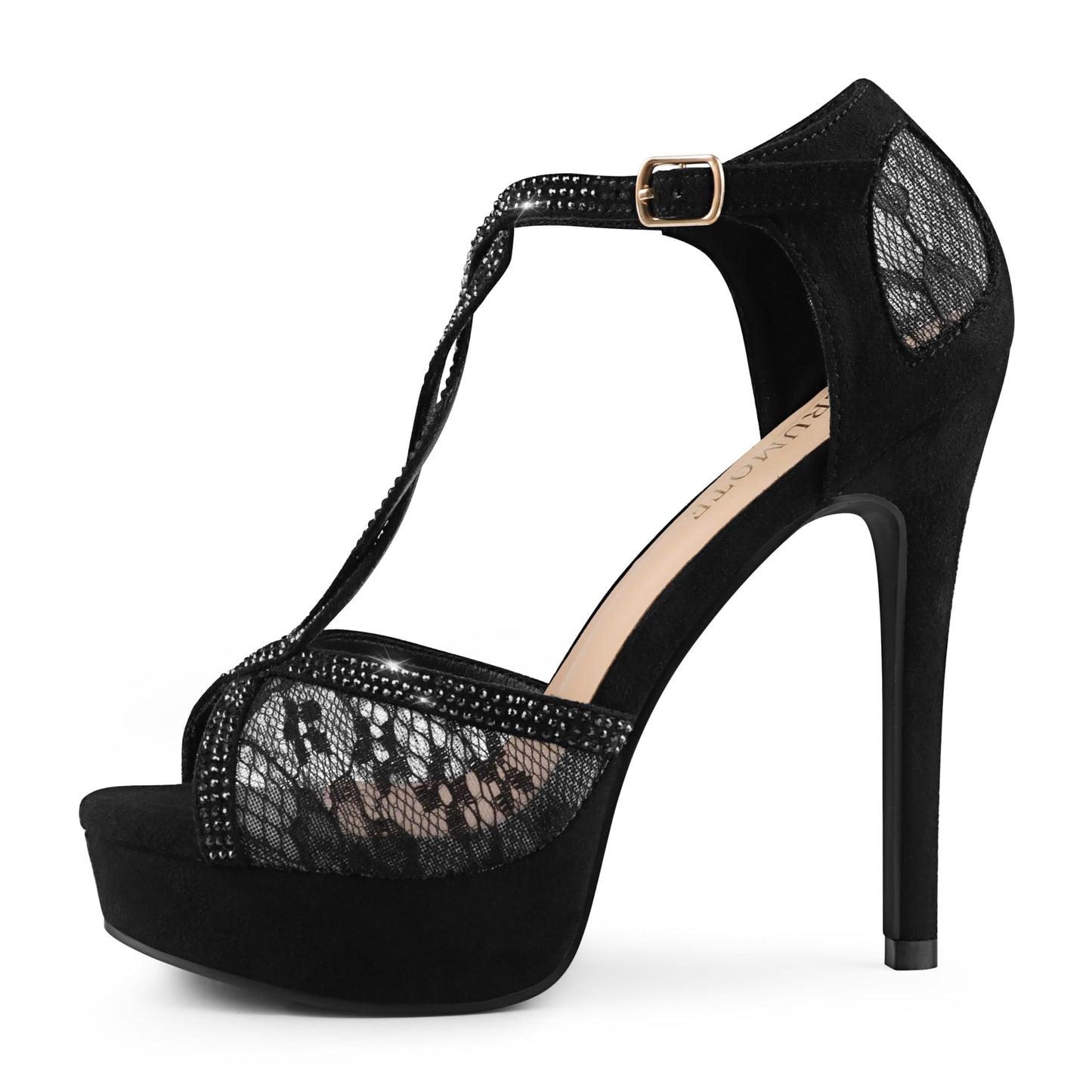 MERUMOTE Women's Peep Toe Platform 5 inch Stiletto Heels Ankle Strap Lace Heels Sexy Prom Shoes Black Suede US7