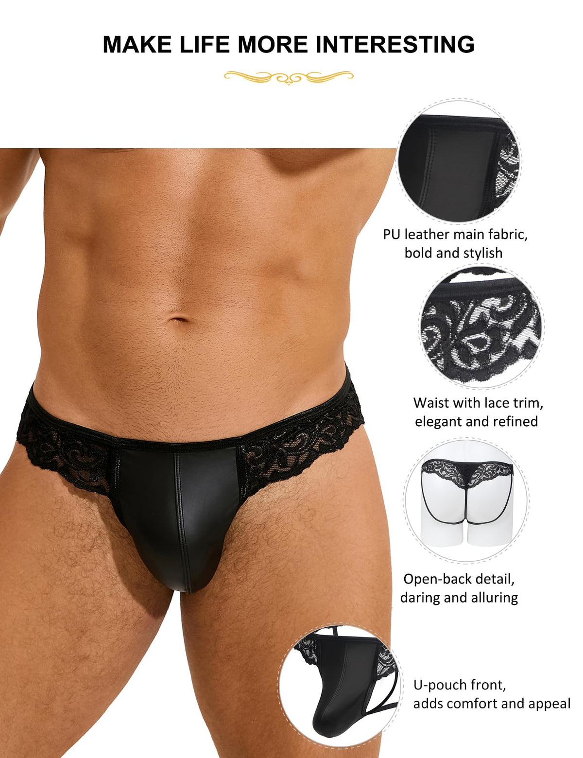 Men's Thong Underwear Lace Sexy G-String Thong 3D Pouch Trunks