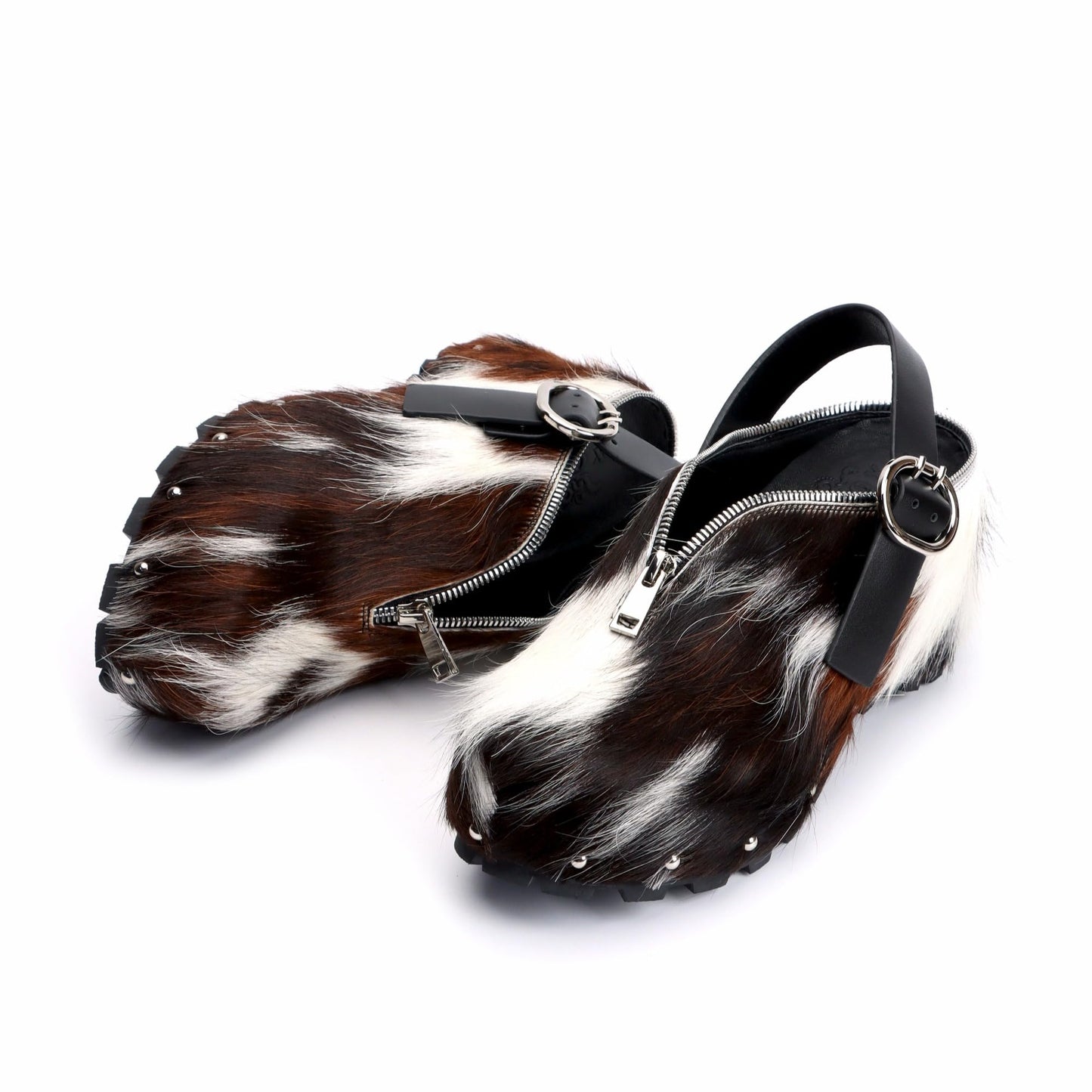 XOBZJH Women’s Natural Cow Print Fur Platform Clogs with Decorative Zipper & Adjustable Buckle Strap – Western Slip-On Punk Rivet Mules with Arch Support, Chunky Retro Rustic Style
