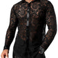 JOGAL Men's See Through Flower Lace Sheer Blouse Long Sleeve Button Down Shirts Dark Black Large