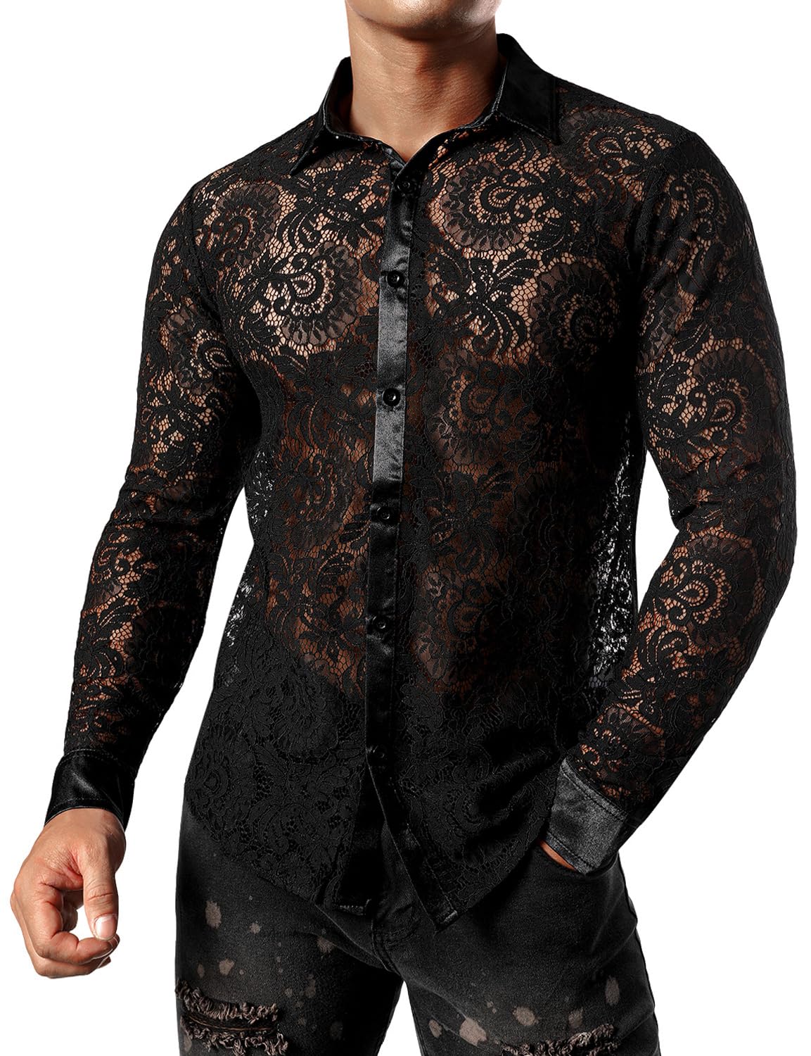 JOGAL Men's See Through Flower Lace Sheer Blouse Long Sleeve Button Down Shirts Dark Black Large