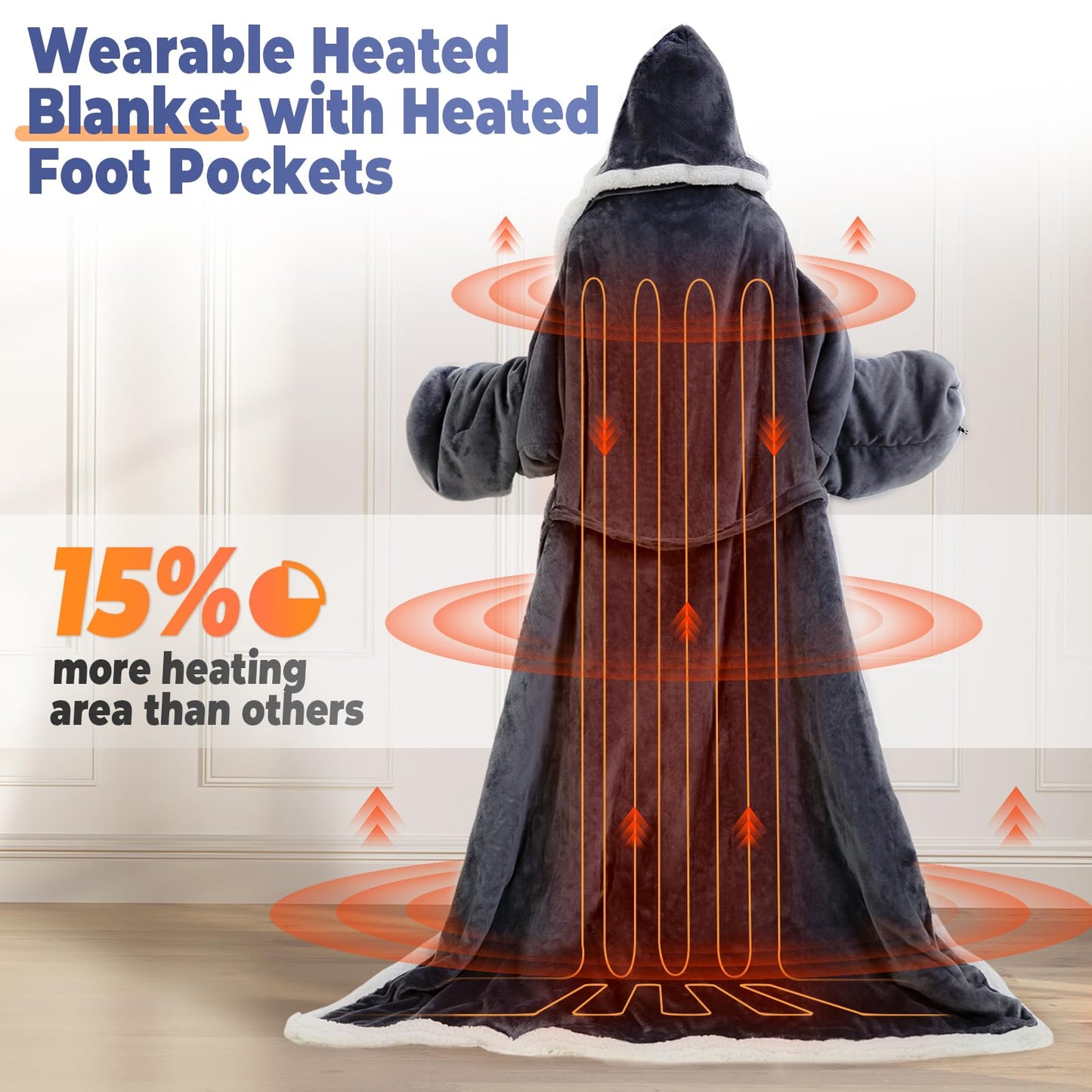 Wearable Heated Blanket with Foot Pocket, Electric Wearable Throw Blanket with Sleeves, Hood, Portable Heated Blanket with 8 Heat Settings, 1-10 Hours Auto Shut-off, Gift for Family, Friends, 50*70"