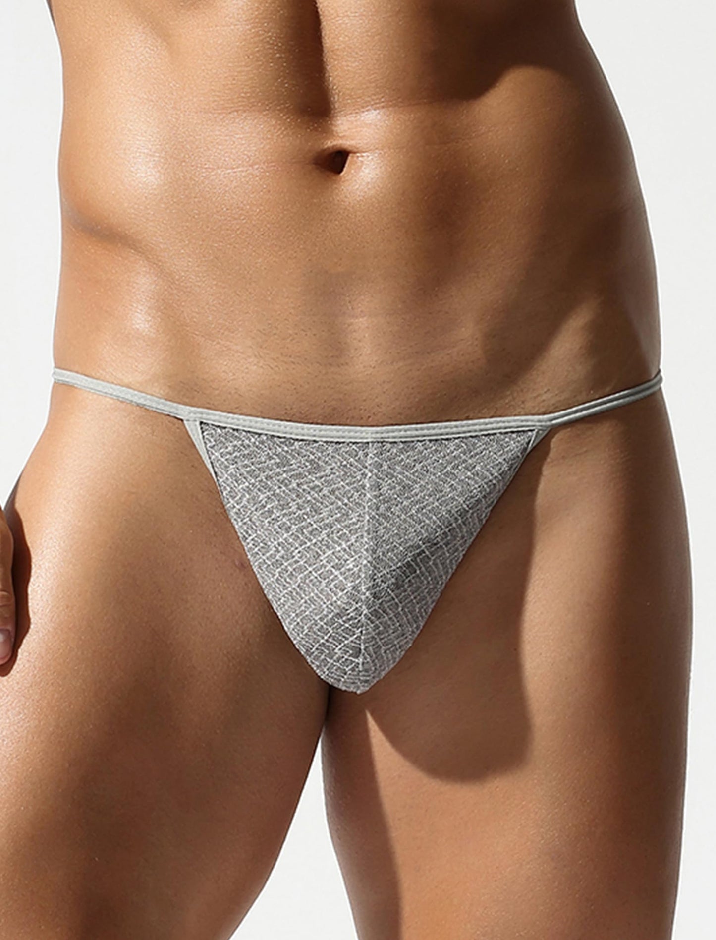 Men's Sissy Lingerie Sheer Mesh G-string Thong Lace Panties with Garter Band Crossdresser Underwear Light Gray Medium