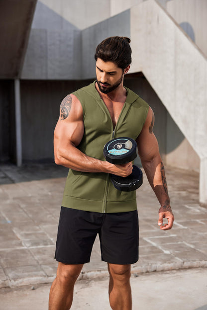 COOFANDY Cutoff Gym Shirt Mens Training Hooded Tank Top for Men Sleeveless Running Shirts with Hoodie Black and Army Green L