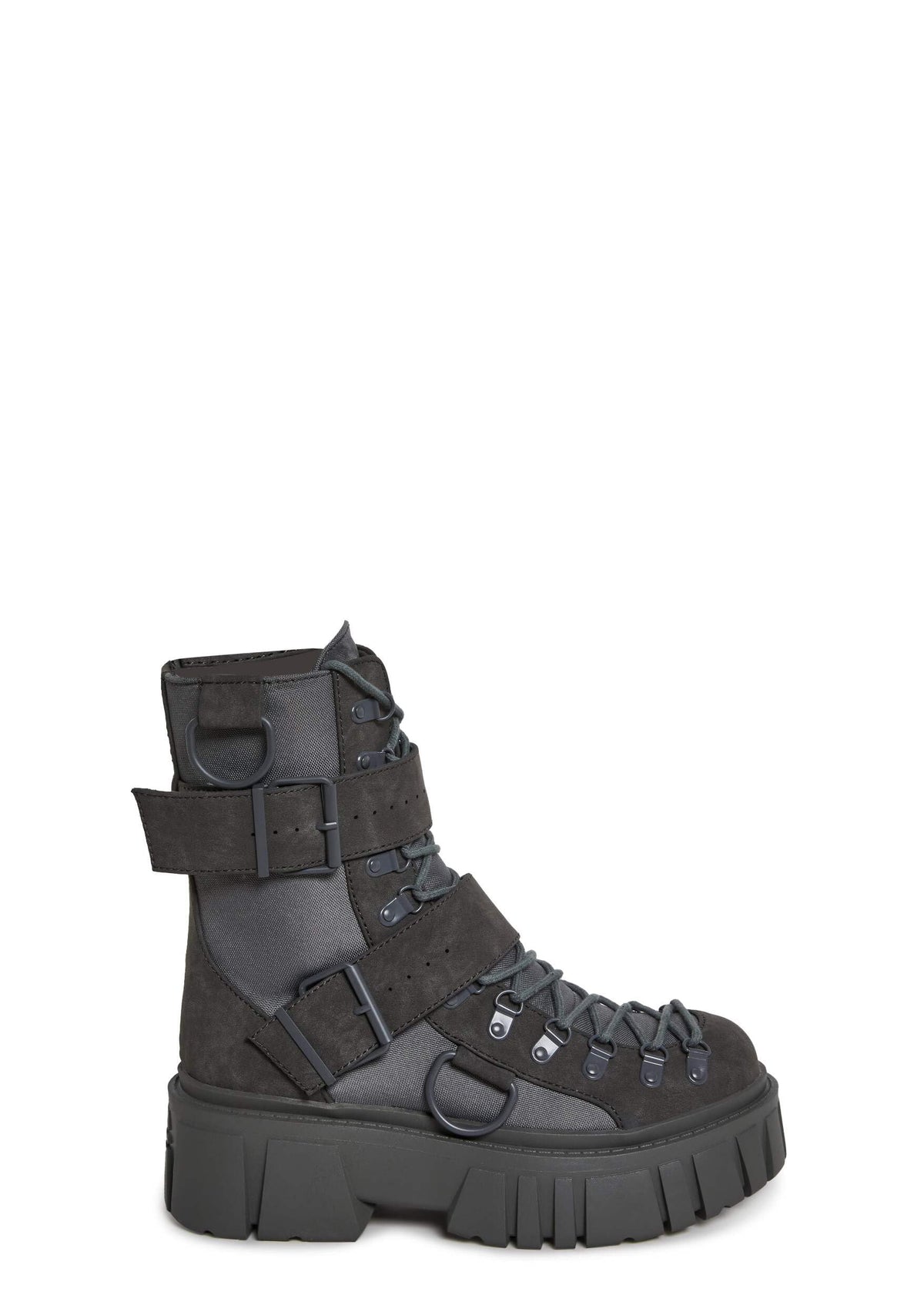 Dolls Kill Low Traitor Boots by Club Exx – Chunky Vegan Leather Boots with Buckles, D-Rings & Side Zipper, Dark Gray, 9
