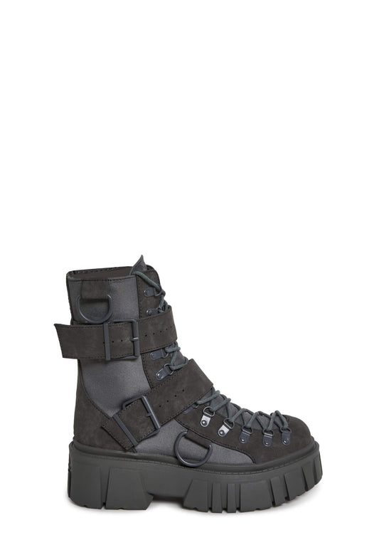 Dolls Kill Low Traitor Boots by Club Exx – Chunky Vegan Leather Boots with Buckles, D-Rings & Side Zipper, Dark Gray, 9