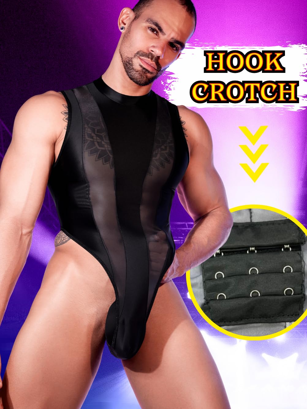 EHSUYAB Mens Sexy Lingerie, Hook Crotch Thong High Cut Bodysuit Top Rave Outfit, Glossy Mock Neck Sheer Singlet Muscle Suit Black X-Small-Small