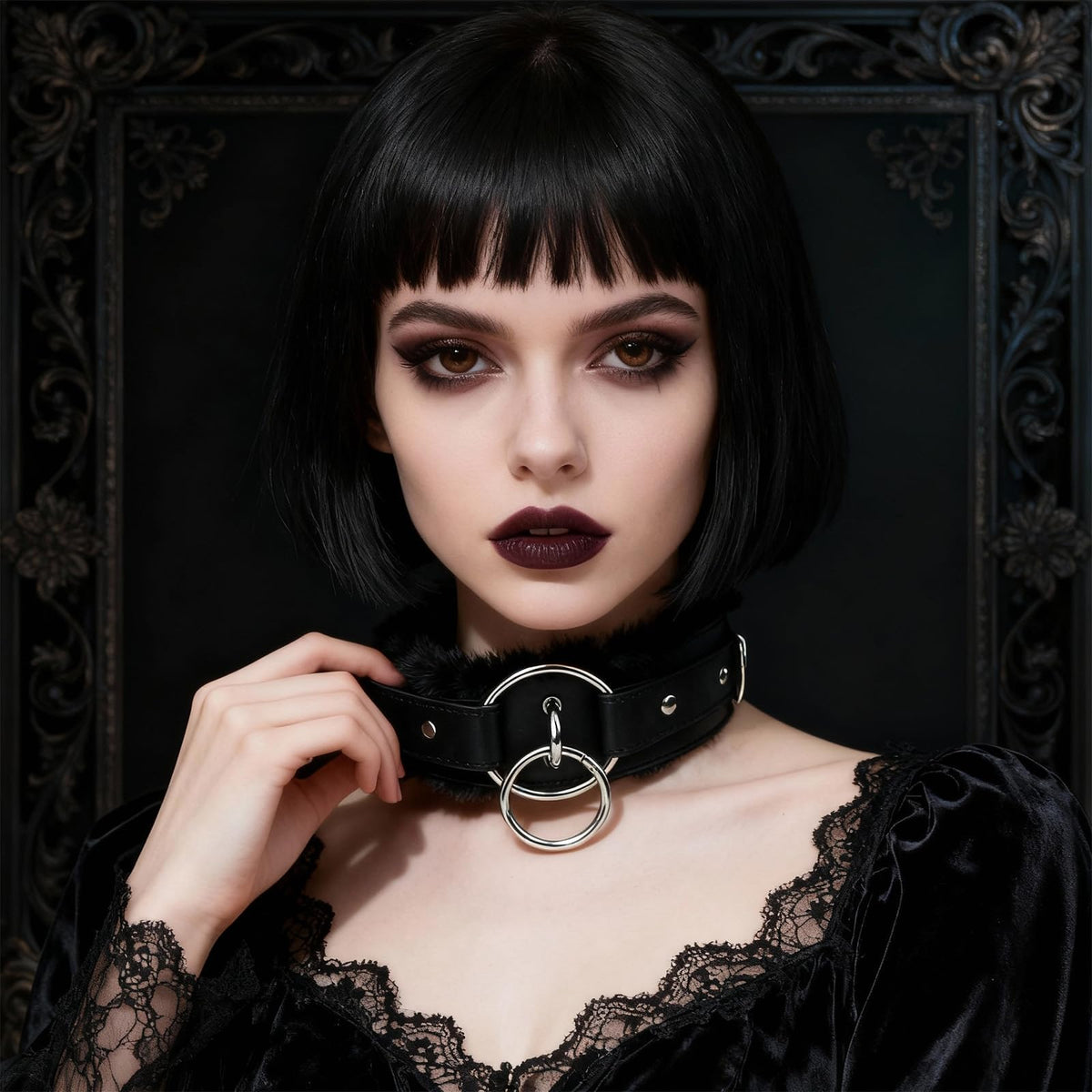 Punk choker leather Collar for women with Lock Bell O-ring Adjustable gothic Leather Choker Necklace Collar for Women Black
