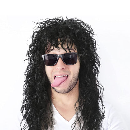 Men’s 80s Style Long Black Curly Hair Wig Glam Rock-Rocker Wig Perfect for Halloween, Cosplay, DIY Themed Costume Party