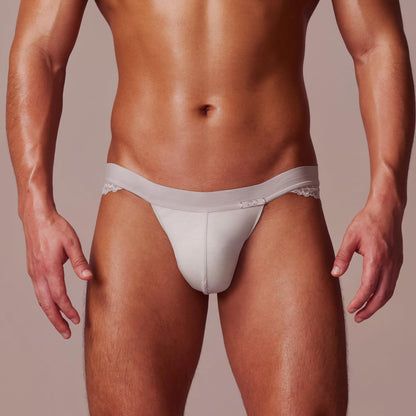 BSZN Men's Lace Side Jockstrap, Dawn Gray Mid Low Rise Soft Matte Underwear, Yoga-Grade Fabric Hip Shaping Standard Fit Briefs