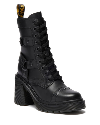 Dr. Martens Women's Chesney Harness Flare Heel Leather Boots, Black Sendal, 7 UK, 9 Women US