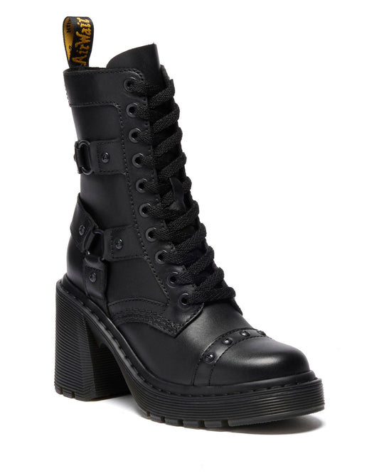 Dr. Martens Women's Chesney Harness Flare Heel Leather Boots, Black Sendal, 7 UK, 9 Women US