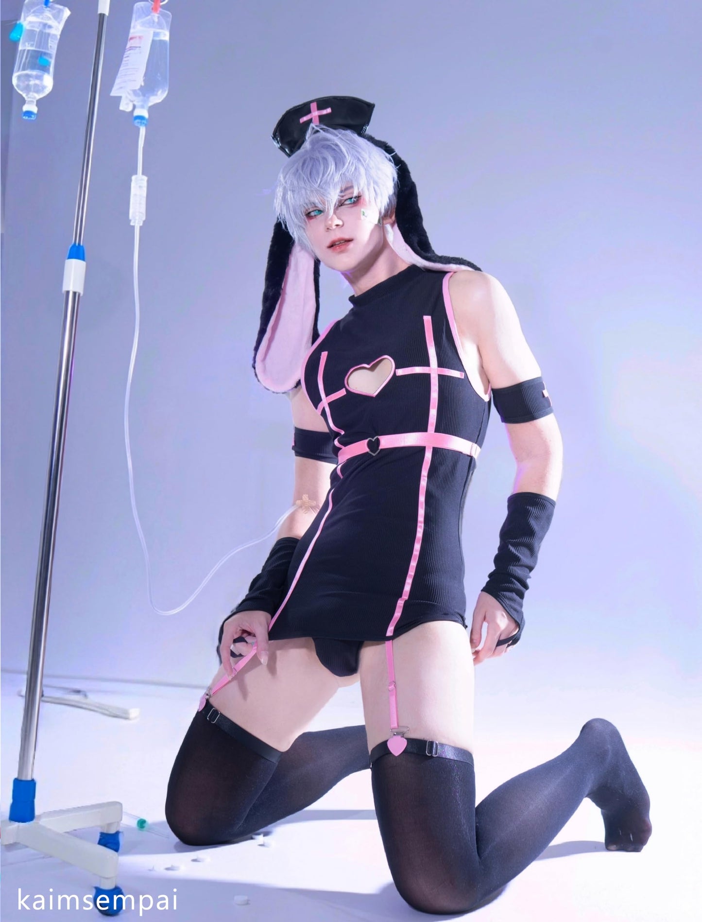 Men Bunny Nurse Set Kawaii Cosplay Lingerie Bodysuit (Black, S)
