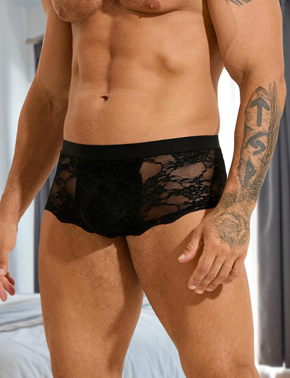Mens Lace Underwear Low Rise Bulge Pouch Trunks Soft Boxer Briefs See Through Sexy Panties Lingerie for Men Cool Boxers Black S