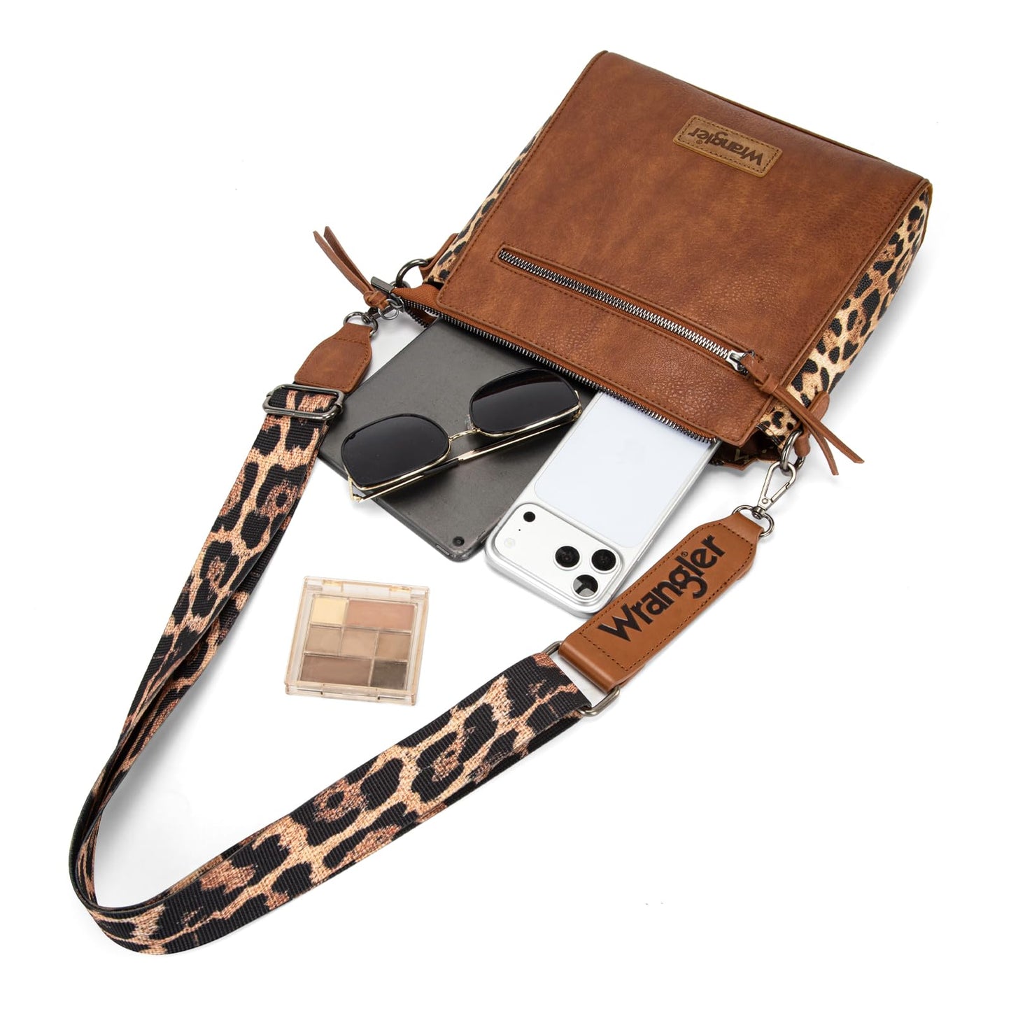 Wrangler Crossbody Bag for Women Western Leopard Crossbody Purse Meidum Shoulder Handbag Mom Purse with Wide Strap for Everyday Travel, WG-HB-205-9360-2-DBR