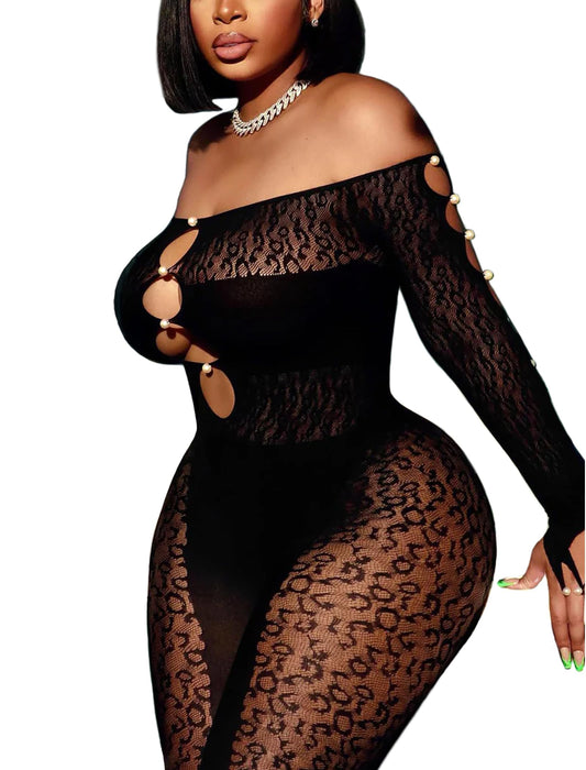 Avidlove Women's Lingerie Sexy Fishnet Body Suits for Women Long Sleeve Mesh Outfit Cut Out Fishnet Lingerie Jumpsuit Black
