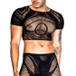 ShawGobow Mesh Crop Tops For Men,Short Sleeve Hollow Out Sheer Fishnet Sexy Top And Shorts Set,2 Piece Rave Outfits Date Night Club Exotic Dancewear Black One Size Fits All