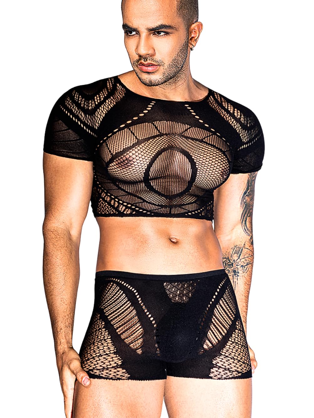 ShawGobow Mesh Crop Tops For Men,Short Sleeve Hollow Out Sheer Fishnet Sexy Top And Shorts Set,2 Piece Rave Outfits Date Night Club Exotic Dancewear Black One Size Fits All