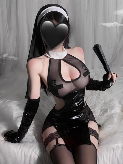 Sexy Nun Costume for Women - Gothic Anime Lingerie Cosplay Outfit with High Slit Headpiece, Halloween Maid Dress for Roleplay (Black, One Size)