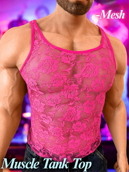 Men Sexy Lace Tank Top, Sheer Mesh Shirt Sissy Clothes Hot Pink M