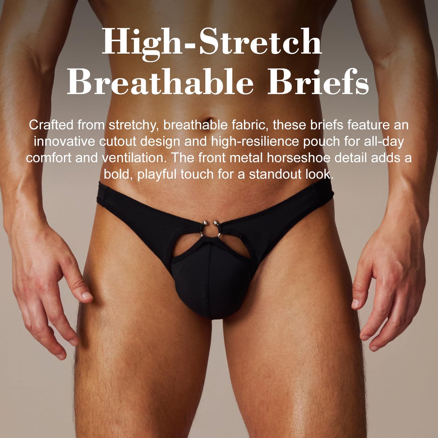 BSZN Men's Horseshoe Ring Briefs, Black Low Rise Sexy Underwear, High Stretch Breathable Pouch Slim Fit Briefs for Men