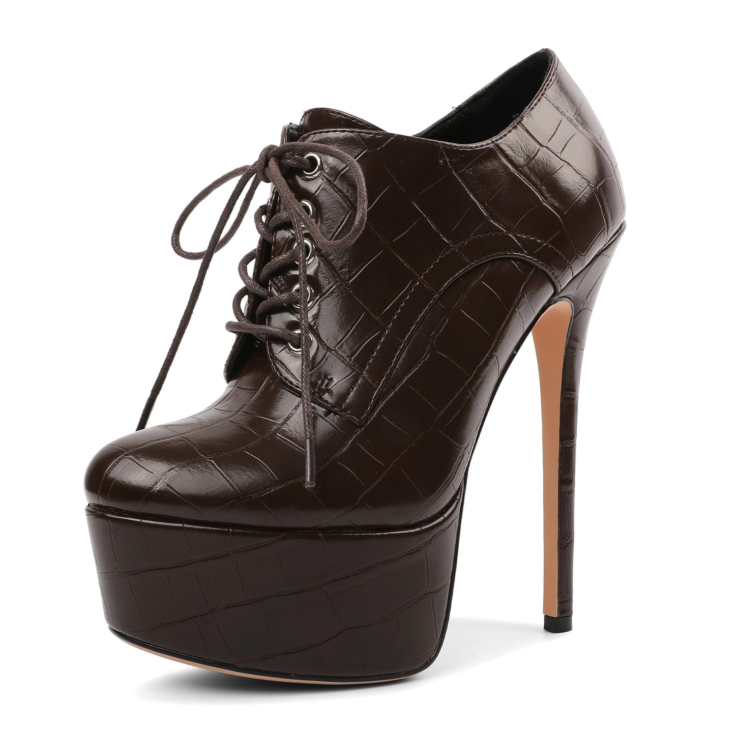 Platform Ankle Boots for Women Sexy Stiletto Heels Sky High Heel Pump Lace up Zipper Round Toe Fashion Dress Shoes for Party Prom Event Crocodile Brown US 9