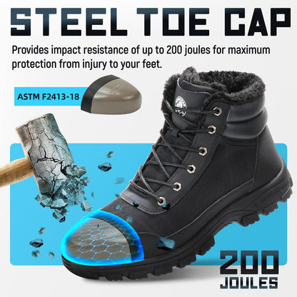 ANGRYRAM Winter Steel Toe Boots for Men Women Comfortable Warm Faux Fur Slip Resistant Snow Work Boots