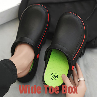 SECHRITE Men's and Women's Work Clogs - Unisex Garden Chef Shoes for Women and Men Non Slip Waterproof Slip on Mules Nurse Kitchen Food Service Restaurant Shoes Zapatos de Chef Cocina Black 43-44