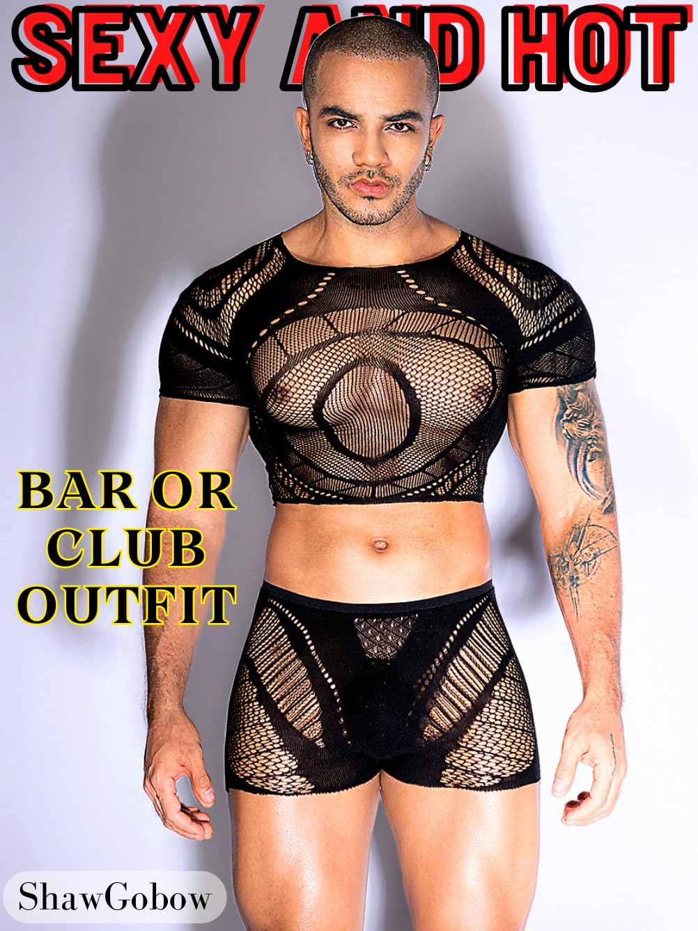 ShawGobow Mesh Crop Tops For Men,Short Sleeve Hollow Out Sheer Fishnet Sexy Top And Shorts Set,2 Piece Rave Outfits Date Night Club Exotic Dancewear Black One Size Fits All