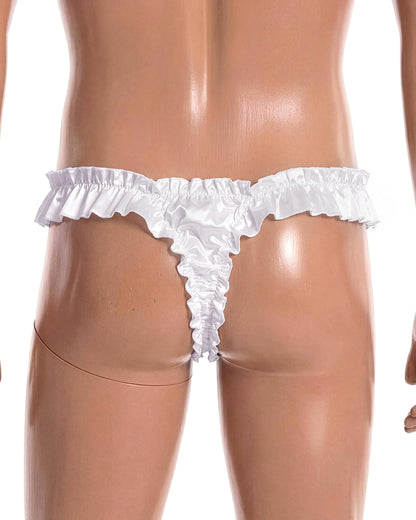 Satini Men's Satin Ruffle Low Rise Sissy Thong Tanga Knickers Briefs Panties (White, M)