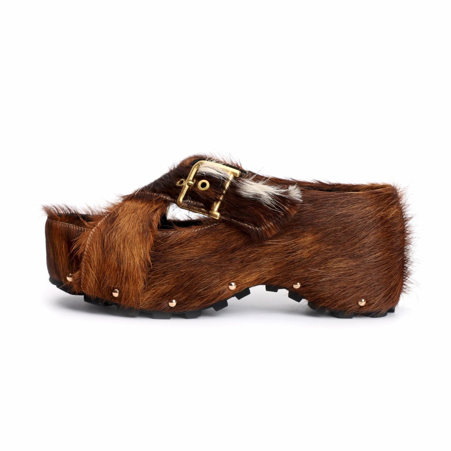 XOBZJH Women's Chunky Cowhide Platform Clogs – Long Hair Calf Fur & Western Mules Slide with Buckle & Rivets, Arch Support, Memory Foam Insole, All-Day Comfort