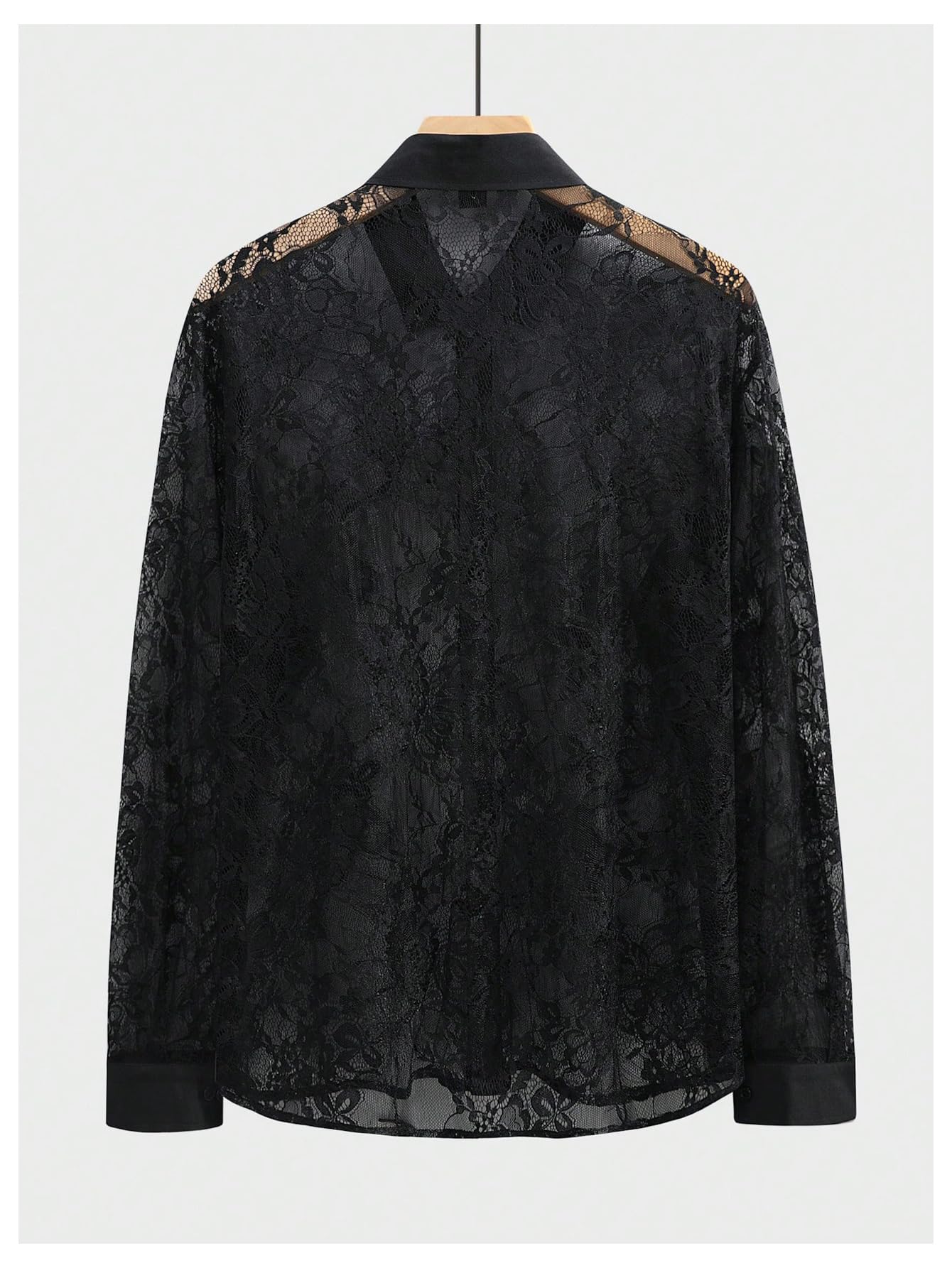 WDIRARA Men's Sexy Lace Button Down Shirts See Through Long Sleeve Collared Tops Party Clubwear Black X-Large
