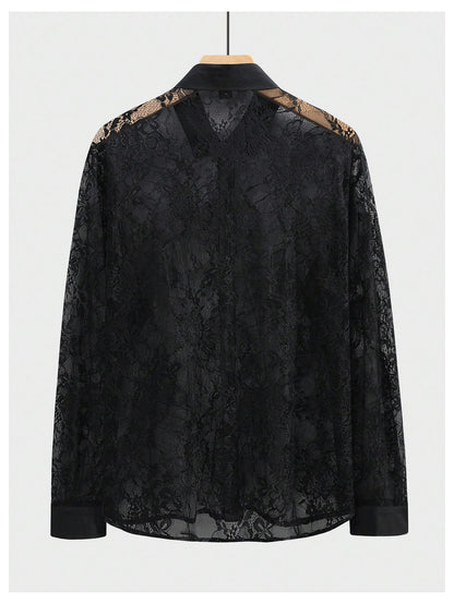 WDIRARA Men's Sexy Lace Button Down Shirts See Through Long Sleeve Collared Tops Party Clubwear Black X-Large
