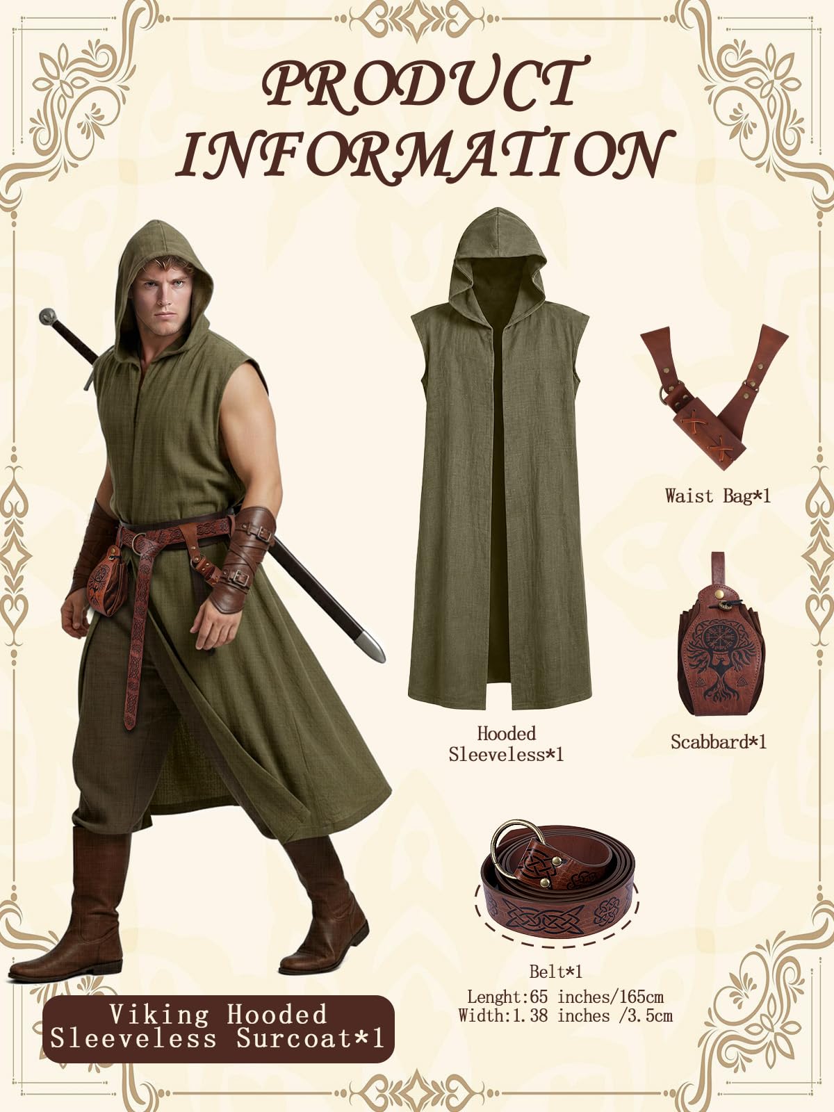 Renaissance Costume Set for Men - 4PC Medieval Viking Hooded Sleeveless Surcoat, Ren Faire Halloween Cosplay Outfit (Green, L)