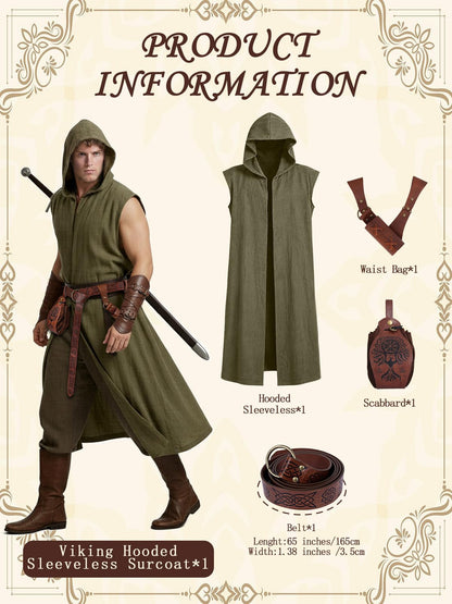 Renaissance Costume Set for Men - 4PC Medieval Viking Hooded Sleeveless Surcoat, Ren Faire Halloween Cosplay Outfit (Green, L)