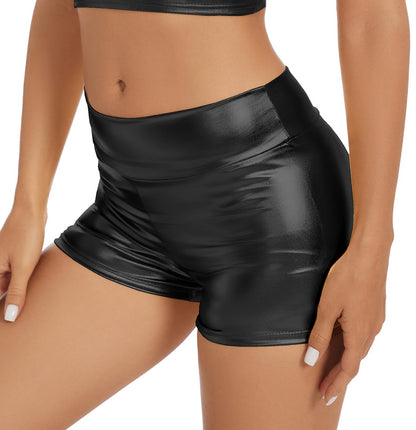 Women's Metallic Rave Booty Shorts Shiny High Waisted Bottoms for Dance Festival, Black, S