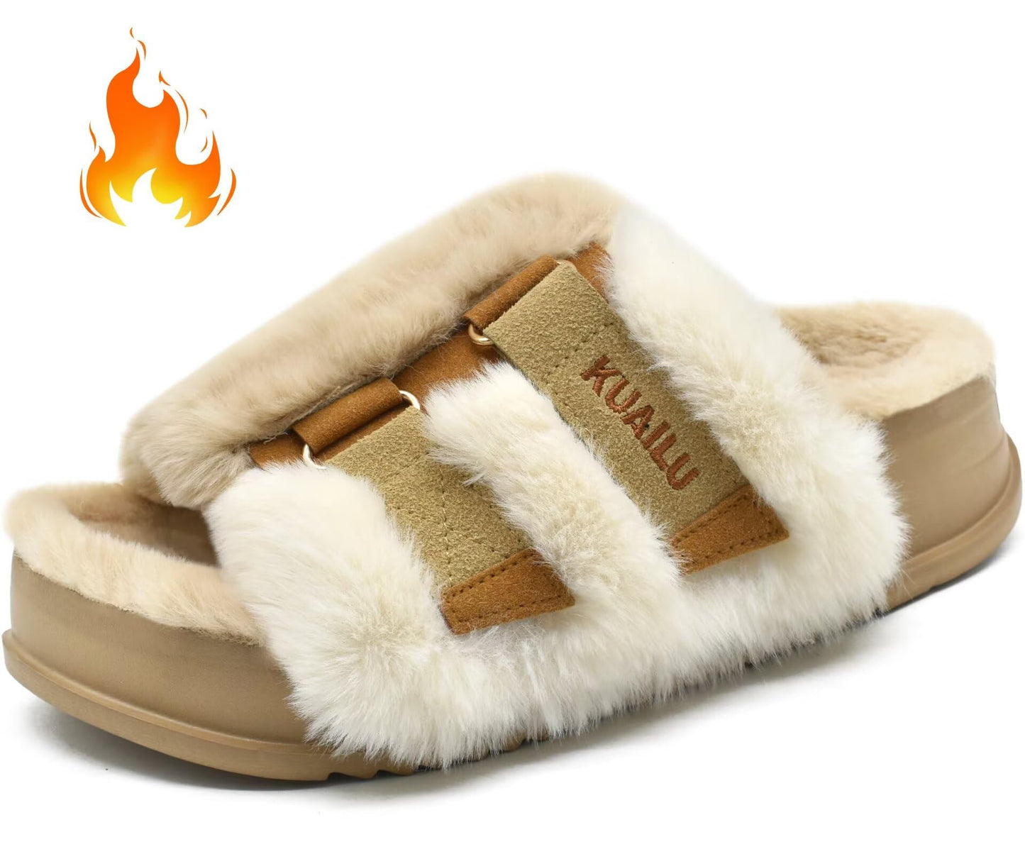 KuaiLu Womens Fuzzy Platform Open Toe Slipper with Arch Support Fluffy Furry Slides Orthotic Faux Rabbit Fur Sandal Indoor Outdoor Beige Size 9