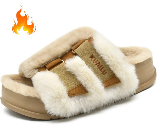 KuaiLu Womens Fuzzy Platform Open Toe Slipper with Arch Support Fluffy Furry Slides Orthotic Faux Rabbit Fur Sandal Indoor Outdoor Beige Size 9
