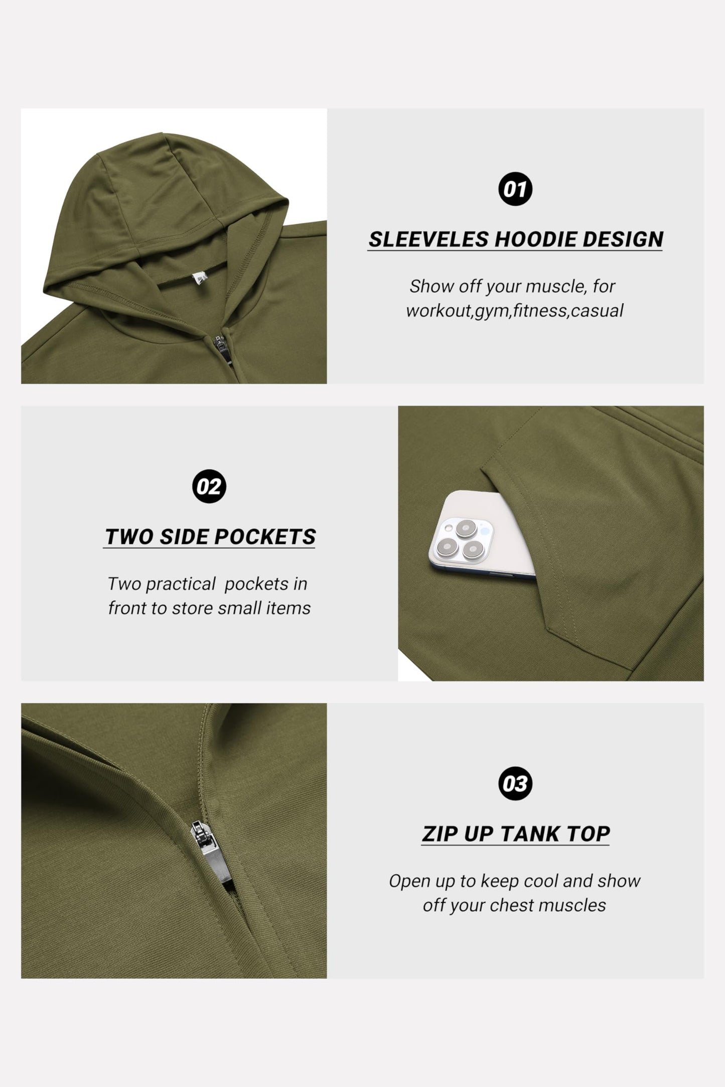 COOFANDY Cutoff Gym Shirt Mens Training Hooded Tank Top for Men Sleeveless Running Shirts with Hoodie Black and Army Green L