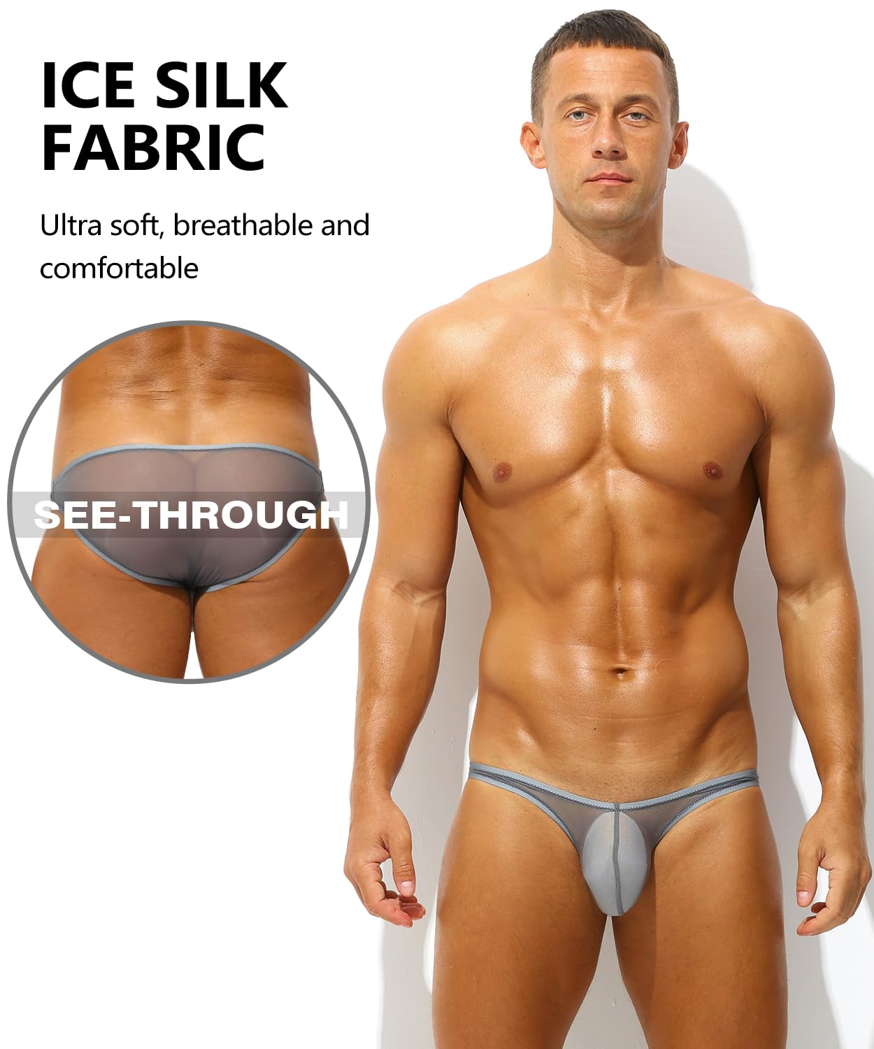 PAIZH Men's Sexy Low Rise Briefs See-through Ice Silk Bikini Soft Sheer Bulge Pouch Underwear Grey L