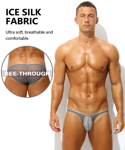 PAIZH Men's Sexy Low Rise Briefs See-through Ice Silk Bikini Soft Sheer Bulge Pouch Underwear Grey L