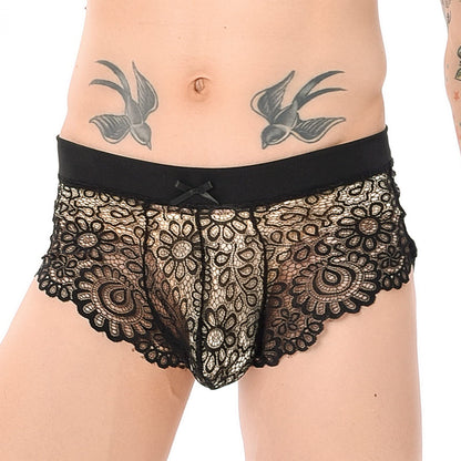 Men's Sissy Lace Panties Bowknot Low Waist Sheer Mesh Bikini Briefs Crossdressing Underpants Black Medium