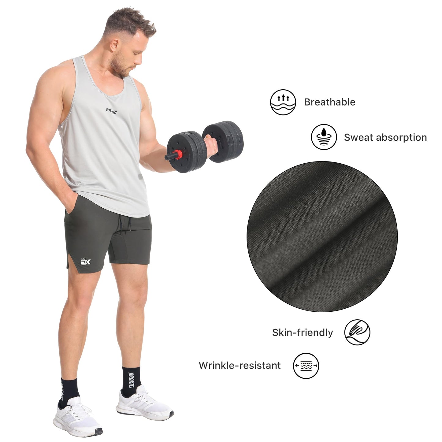 BROKIG Men's Airstretch Gym Shorts,5 Inch Slim Fit Running Exercise Athletic Workout Shorts for Men with Zipper Pockets(Oliver Grey,Medium)